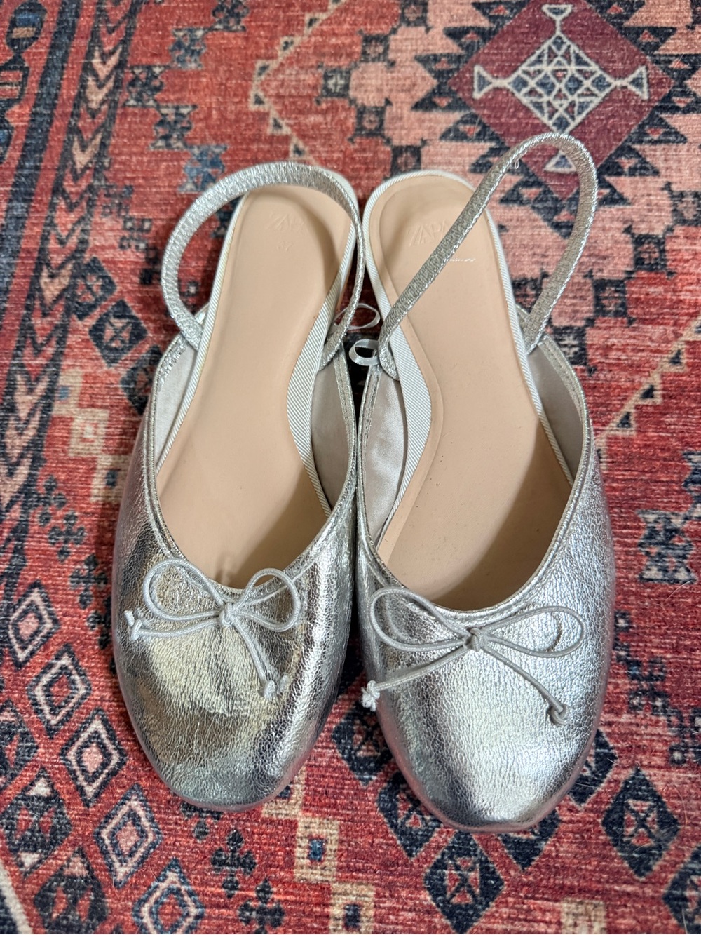 Zara Silver Slingback Bow Ballet Flats - Women